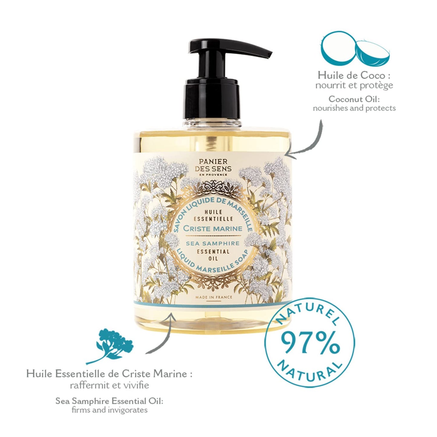 Panier des Sens - Liquid Hand Soap – Sea Samphire Hand Wash - French Marseille Moisturizing Hand Soap with Coconut Oil - Refillable Kitchen & Bathroom Hand Soap - 97% Natural Ingredients -16.9 Fl.oz