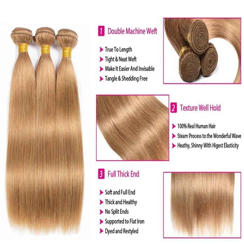 #27 Honey Straight Human Hair Bundles 3 Bundles Straight Hair Brazilian Virgin Human Hair Extensions Unprocessed Hair Bundles for Women 14 16 18 Inch
