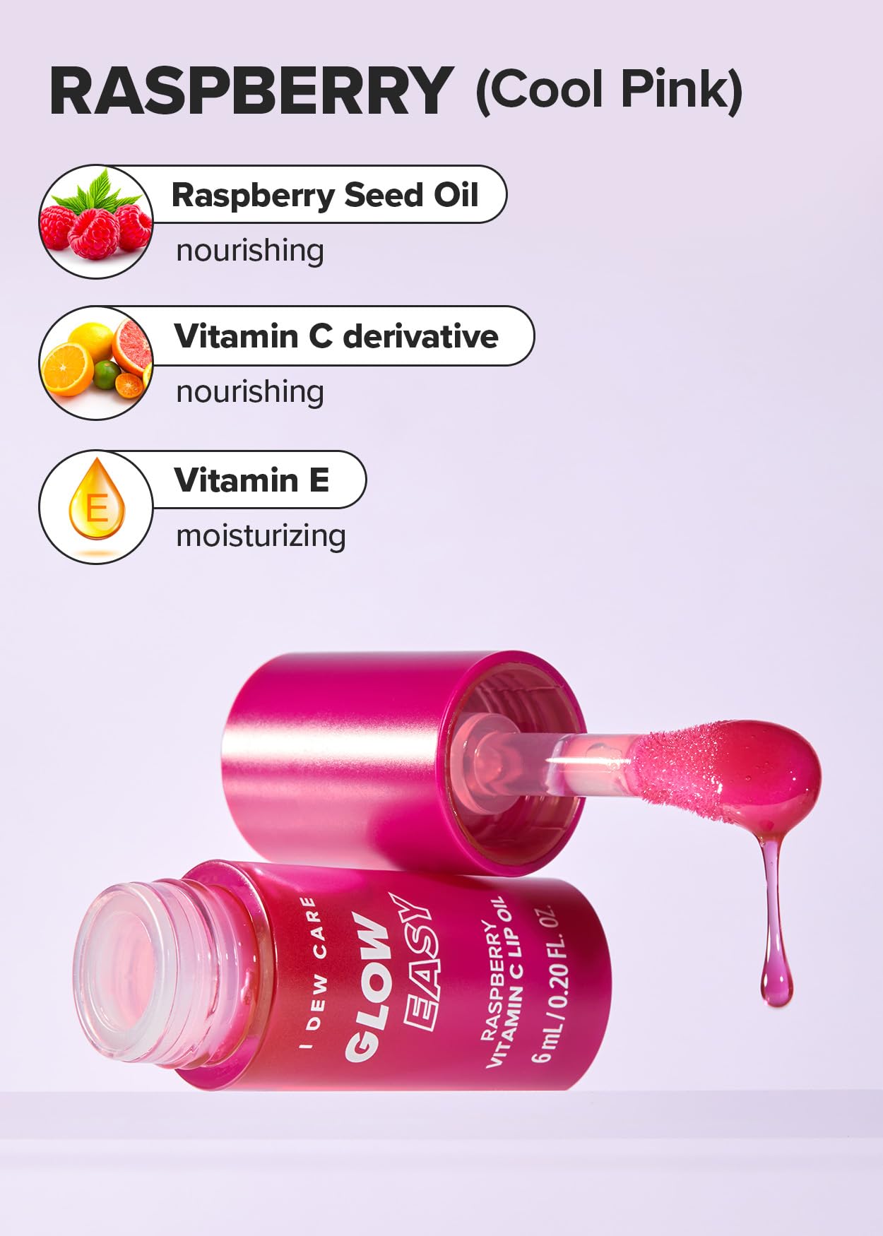 I DEW CARE Lip Oil - Glow Easy Raspberry | Vitamin C Lip Oil, Pigmented Glossy Lip Oil, Nourishing, Korean Makeup, Tinted Lip Care, Cool Pink, Glass Skin Look, Korean Skincare, 0.20 Fl Oz