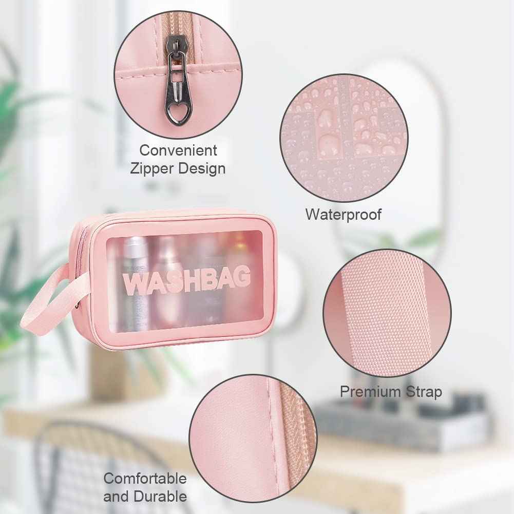 Aucuu 5PCS Clear Toiletry Bags, Wash Bag, Clear PU Makeup Bag, Waterproof Toiletry Travel Bag with Zipper Handle, Portable Airport Cosmetic Bag for Travel Bathroom Men Women (Pink)
