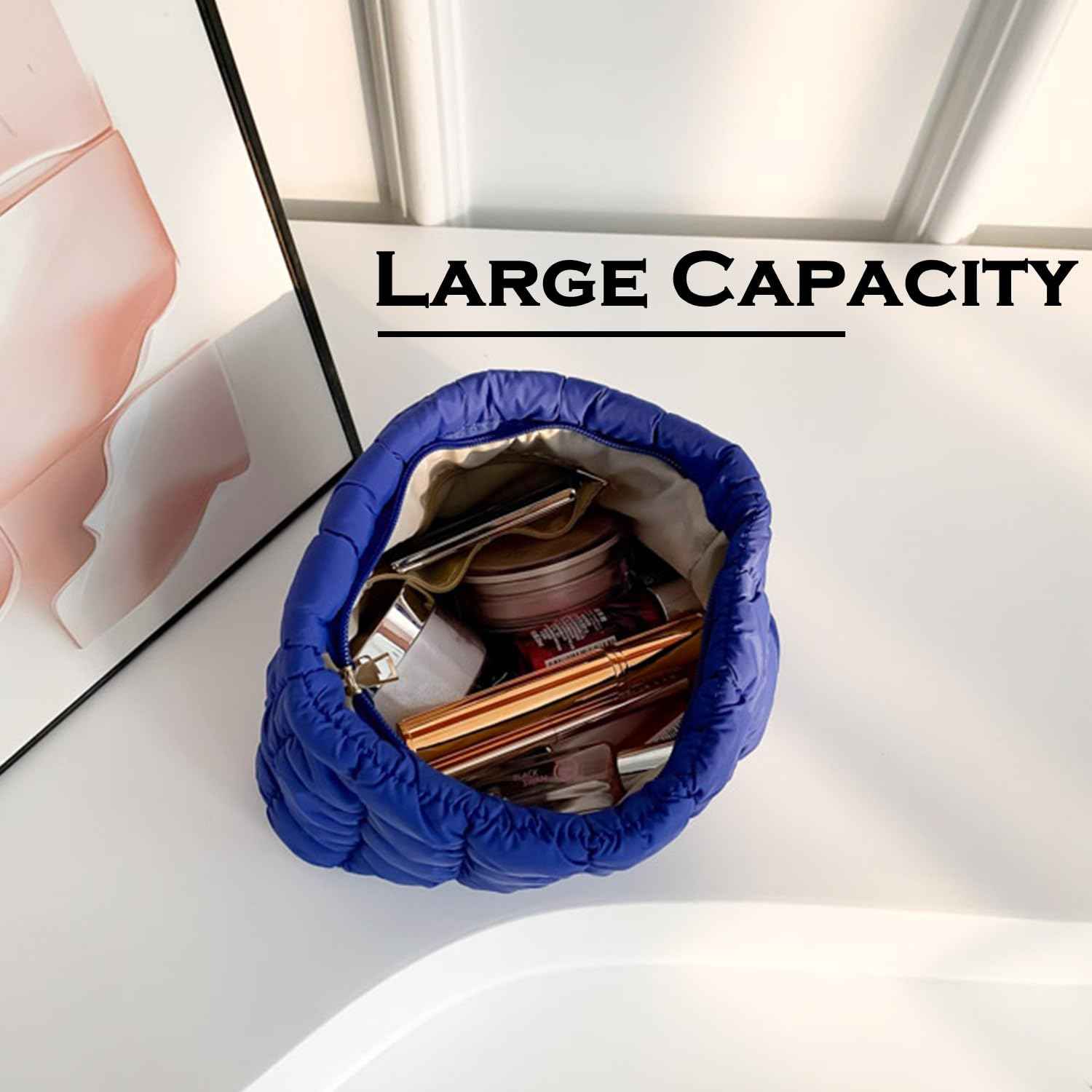 HFLZBRO Puffy Quilted Makeup Bag for Women, Cosmetic Bag, Travel Toiletry Organizer Pouch Clutch (blue)
