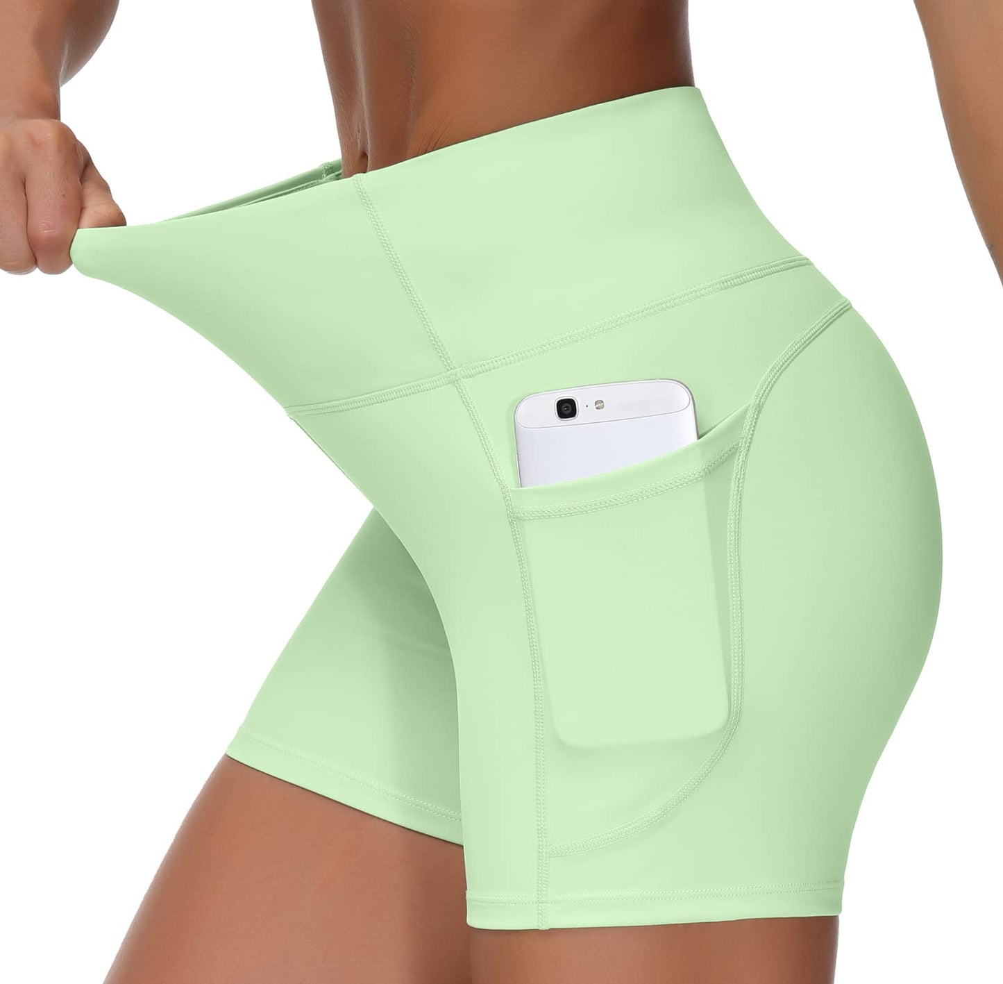 THE GYM PEOPLE High Waist Yoga Shorts for Women's Tummy Control Fitness Athletic Workout Running Shorts with Deep Pockets(Small, Pale Green)