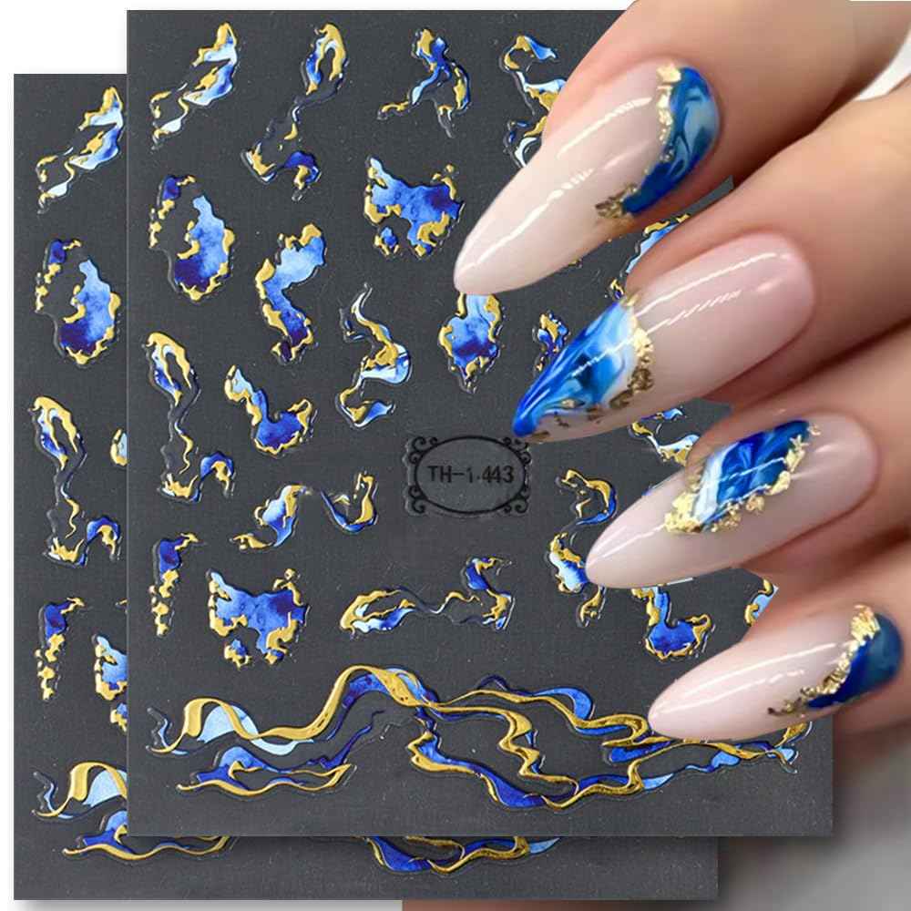 3D Bronzing Gold Marble Nail Art Stickers, 6pcs Blue Purple Irregular Gild Stamping Decals for Women Designs, Self Adhesive Accessories