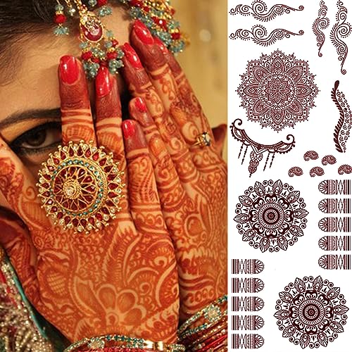 8 Sheets Temporary Tattoo Stickers Brown Exquisite Totem Indian Lace Mandala Flower Pattern for Beach Festivals Wedding Party Decorations