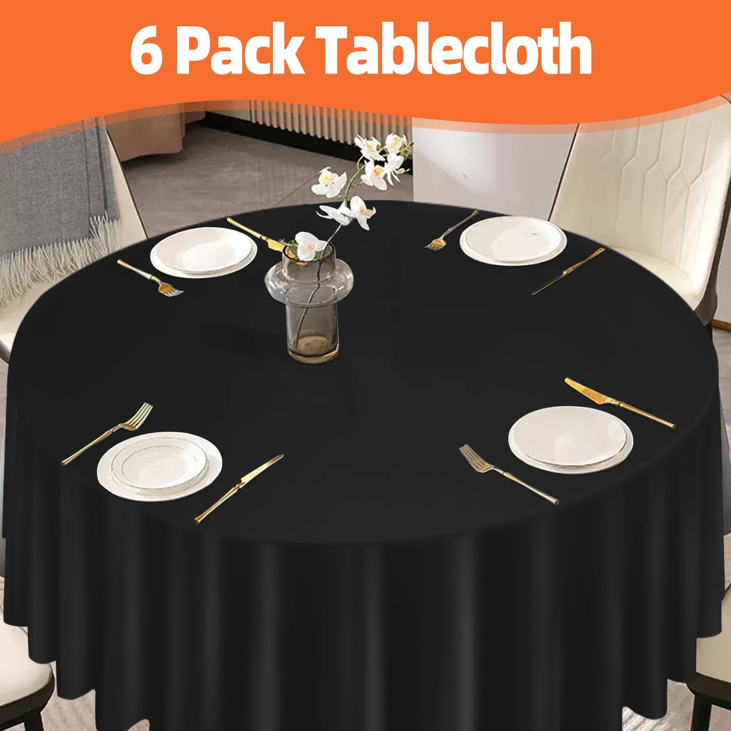 tujol Black 6 Pack Plastic Table Cloth 84", Disposable Round Tablecloth Table Cover, Plastic Table Cloths for Parties