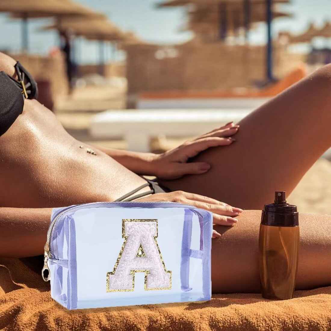 Makeup Bag for Women, Travel Initial Makeup Bag for Girls, Small Beach Makeup Bag, Teen Girl Gifts, Waterproof Cosmetic Bag, Birthday Gifts for Women, Personalized Makeup Bag Organizer-Purple A