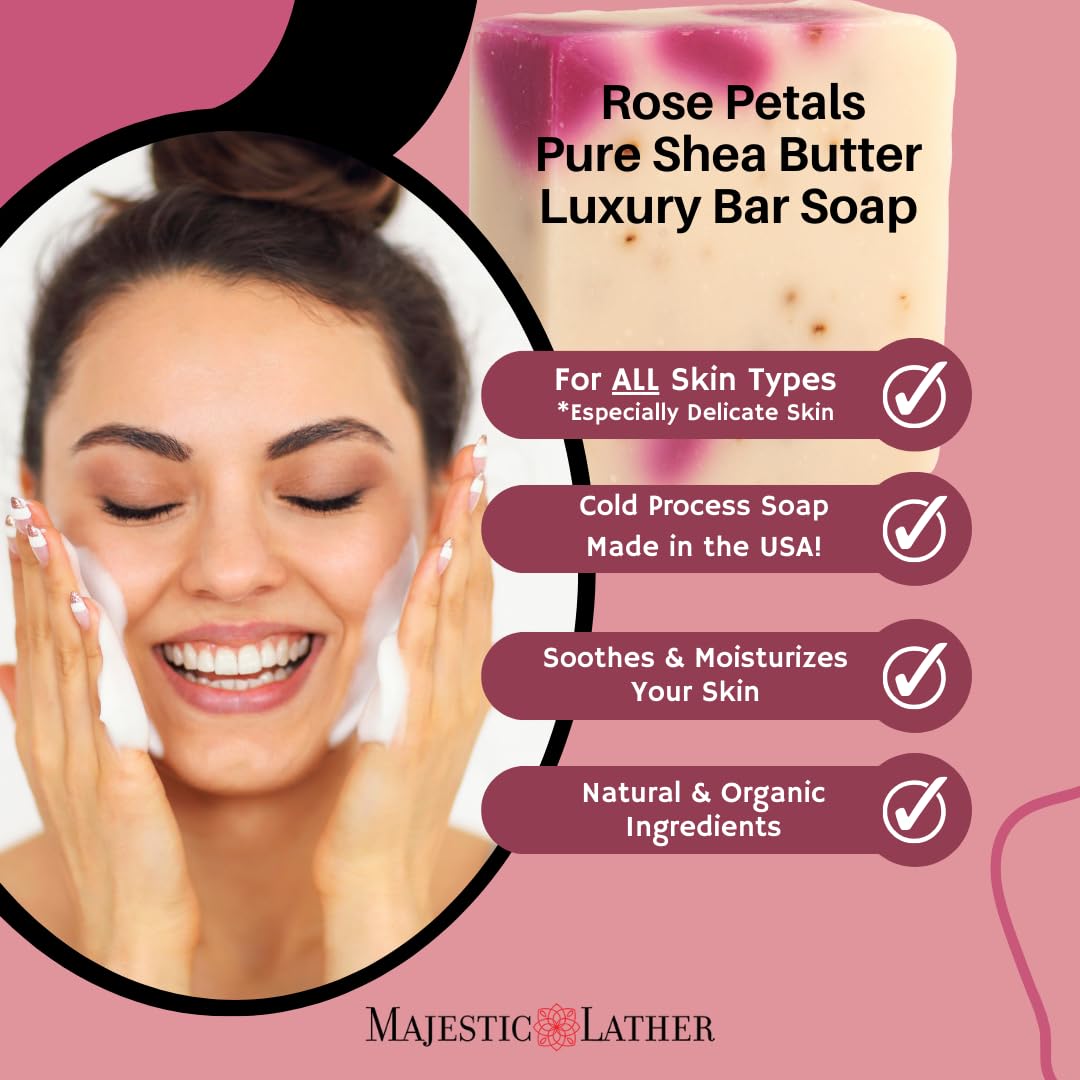 Majestic Lather Rose Petals Luxury Bar Soap for Face & Body. Moisturize, Nourish and Cleanse. For All Skin Types. Made in the USA. 5.0 Oz.