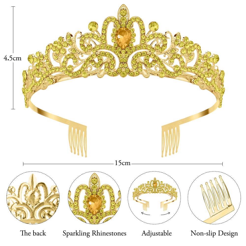 Bridal Crown Yellow Crystal Prom Queen Tiaras for Girl Bling Headbands for Women Rhinestone Happy Birthday Princess Crown with Combs Elegant Headdress Decorations for Christmas Wedding Party Gifts