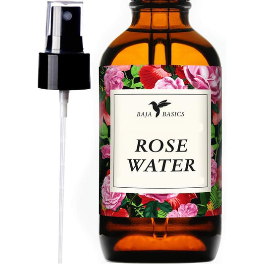 Rose Water Spray Facial Toner by Baja Basics for Skin, Hair and Aromatherapy Large 4oz