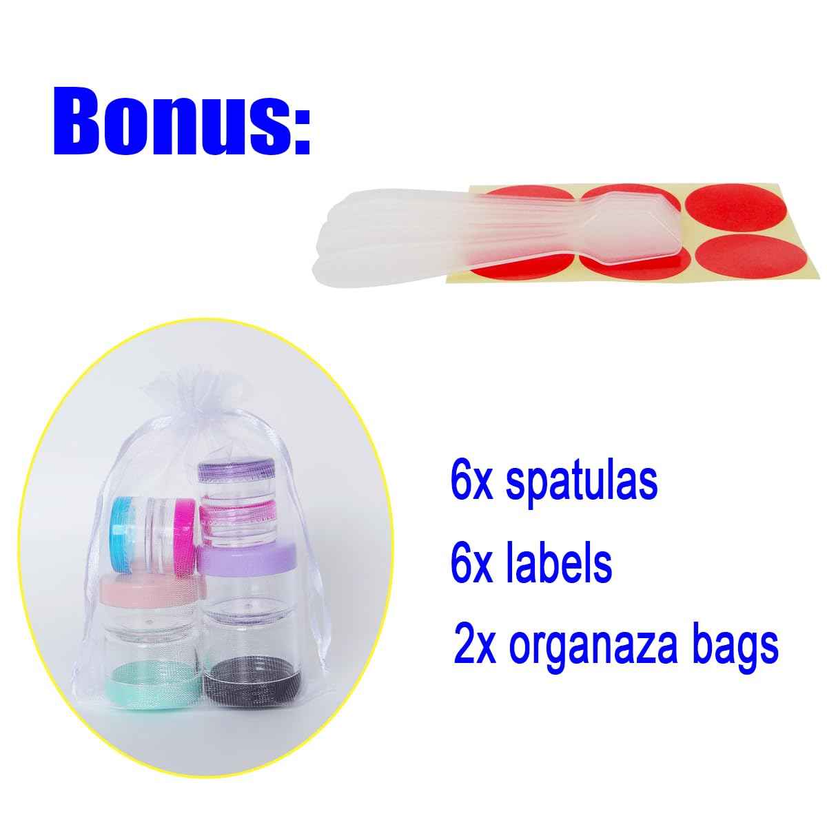 Wopanxye 6 Pieces 10G/10ML Multi-color Frosted Container Jars with Inner Liner for Bath Lotion, Toners, Lip Balm, Creams, Slaves, Scrubs, Oils, Makeup Sample Jar, BPA Free, Gift Spatulas & Labels