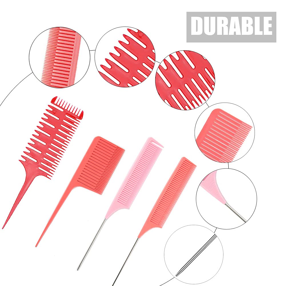 Fox Baby Comb, 4 Pcs Red - Highlighting Professional Styling Comb, Metal Rat Tail Teasing Comb, Dyeing Comb Foiling Comb for Home Hairstylist Barber Styling Weaving