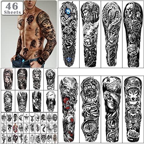 46 sheets Full Arm Skull Temporary Tattoos For Men Half Arm Shoulder Angel Tattoo for Ladies Fake Waterproof Wolf Lion Stone Tattoo Stickers For Adult or Kids