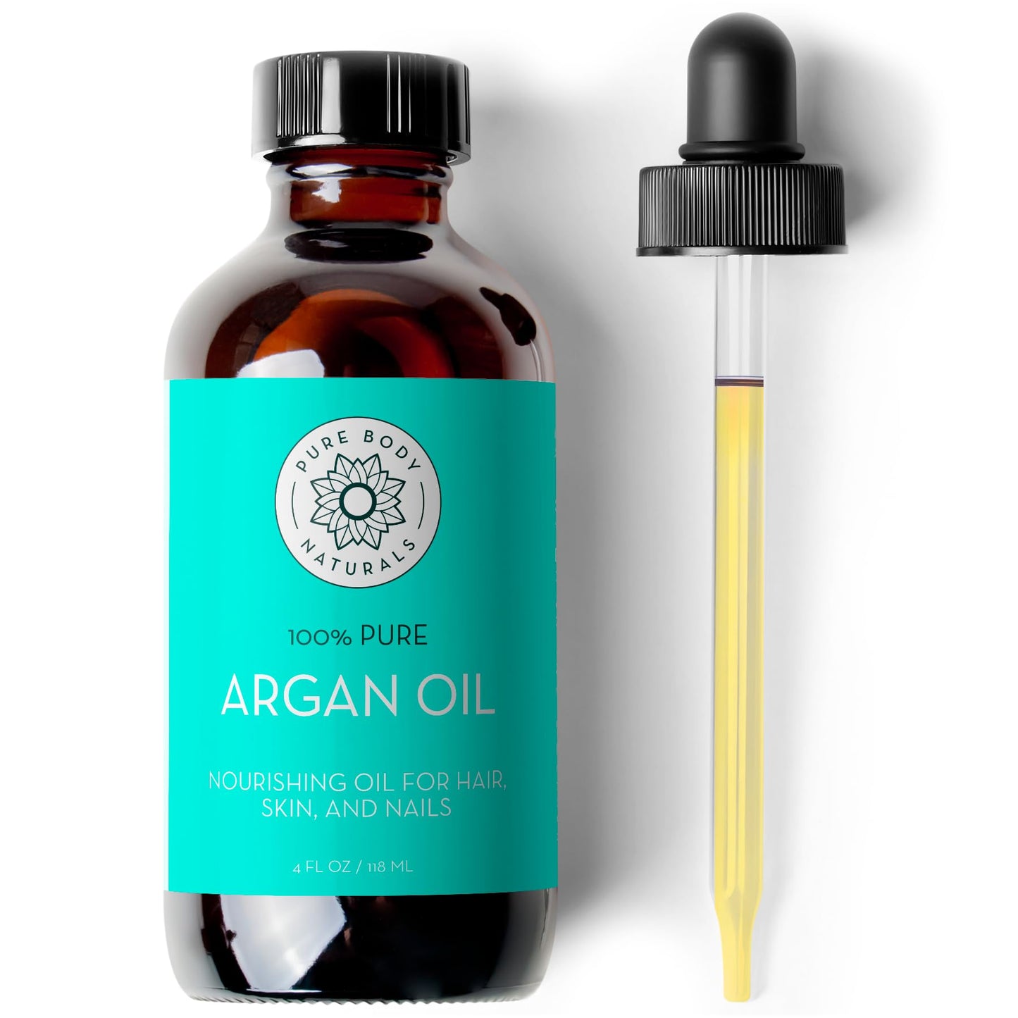 Pure Body Naturals Argan Oil for Skin and Face, 4 fl oz - Cold Pressed, Light, Pure Argan Oil for Hair - Aceite de Argan