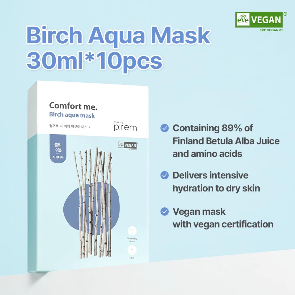 MAKE P:REM Comfort Me. Birch Aqua Mask, Korean Facial Sheet Mask for Men and Women, Cooling & Hydrating Face Mask, No Artificial Fragrance,10 Sheets