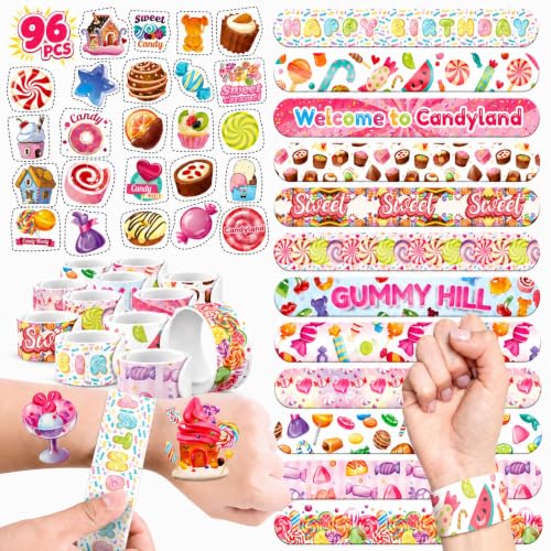96-Piece Candyland Party Favors Set - Slap Bracelets & Tattoos