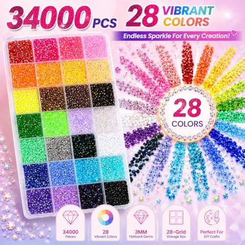 EONFAVE 34000 Pcs Rhinestone Kit, 3mm Flatback Gems, 28 Colors