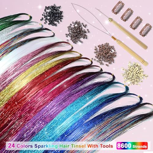 24 Colors Hair Tinsel Kit - 8600 Strands of Sparkling Extensions
