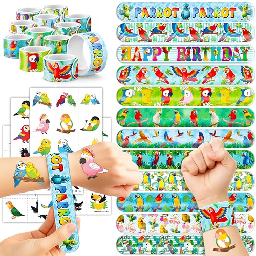 Parrot Party Favor Set - 72PC Tropical Tattoos & Slap Bracelets