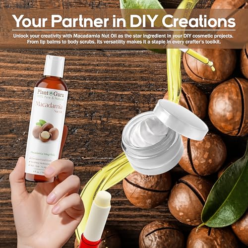Plant Guru Macadamia Nut Oil 8 fl. oz. Cold Pressed 100% Pure Natural Carrier ? Skin, Face, Body, and Hair Moisturizer. Ideal for DIY Creams, Lotions, and Lip Balms