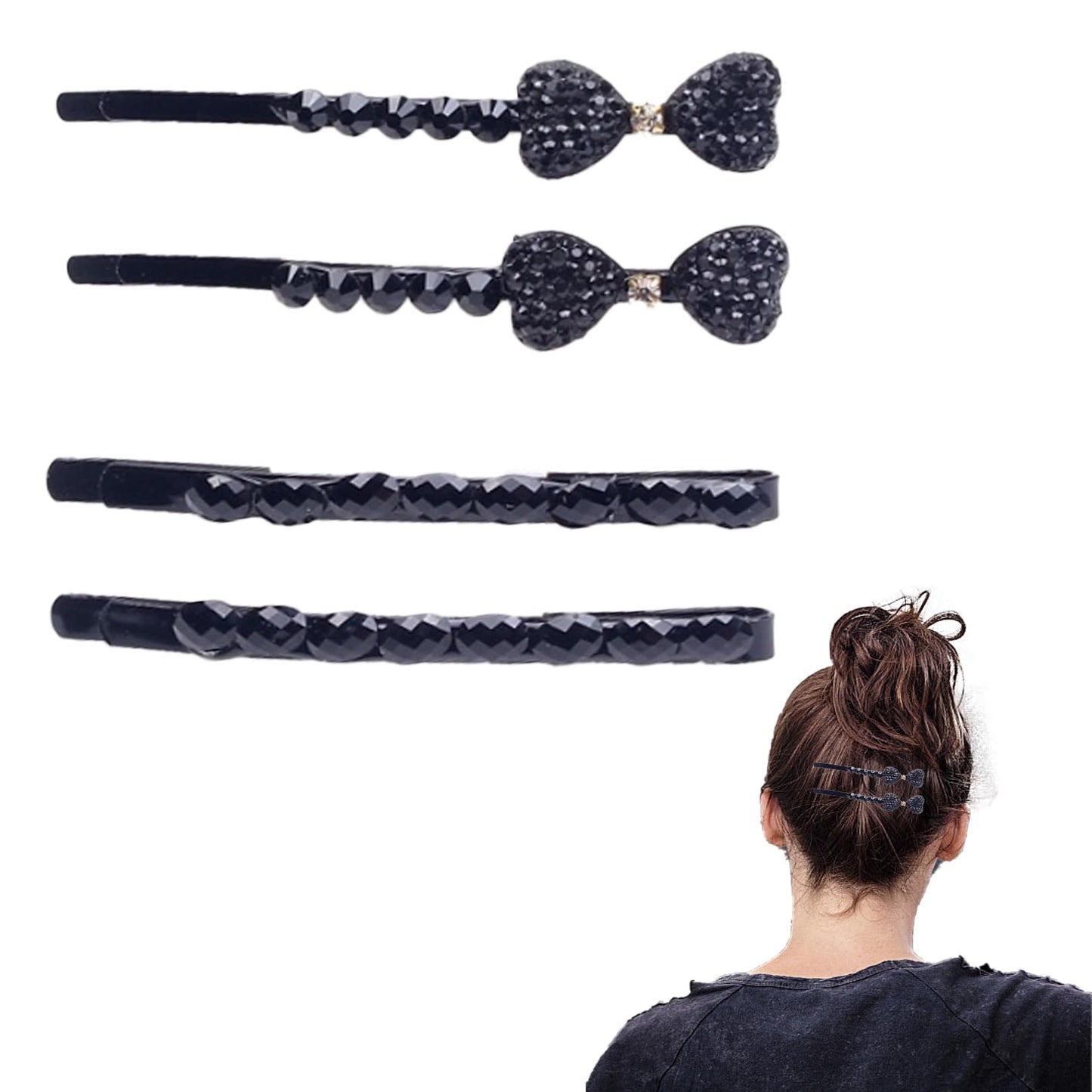 Rhinestone Bobby Pins Black - 4Pcs Elegant Crystal Metal Hair Clips for Women Hair Pins Bowknot Hair Barrettes Sparkling Hair Accessories Bridal Wedding Gifts Stocking Stuffers for Women Girls