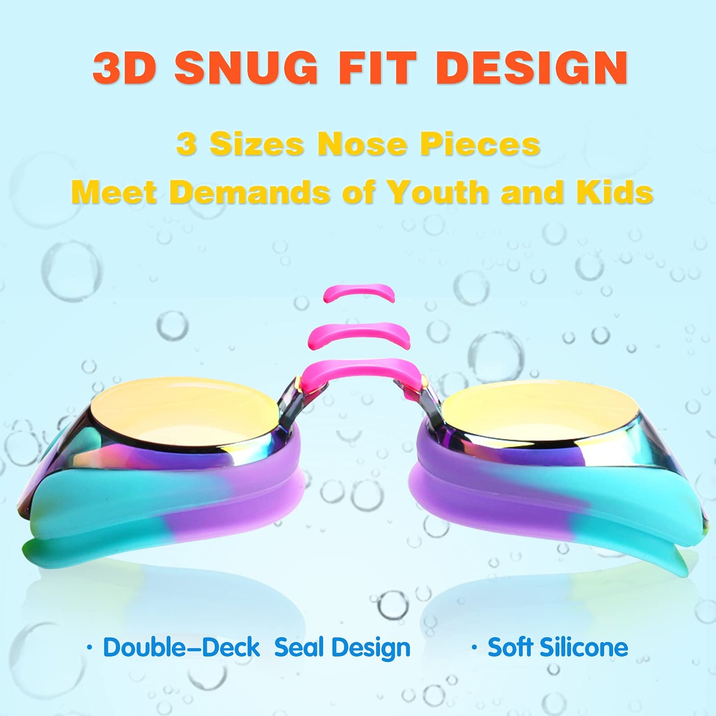 Kids Swim Goggles Swimming Goggles for Toddler Children Girls Boys Youth, Anti-Fog Waterproof UV Protection Clear Vision Mirror Flat Lens Water Pool Goggles with 3 Nose Piece, Rainbow Kids Goggles