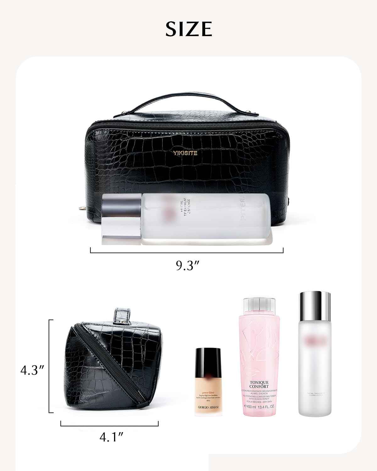 Yikisite Make Up Bag, Cosmetic Organizer for Women, Waterproof Croc PU Leather Makeup Organizer with Divider and Handle Toiletry Bag Travel Bag (Croc Embossed, Black)