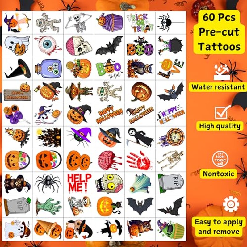 Halloween Temporary Tattoos | Halloween Party Decorations Trick Or Treat D?cor Accessories Stickers Party Favors Skeleton Bat Spider Owl Ghost Pumpkin Gift Idea For Kids Teen Adult Boy Girl-60Pcs