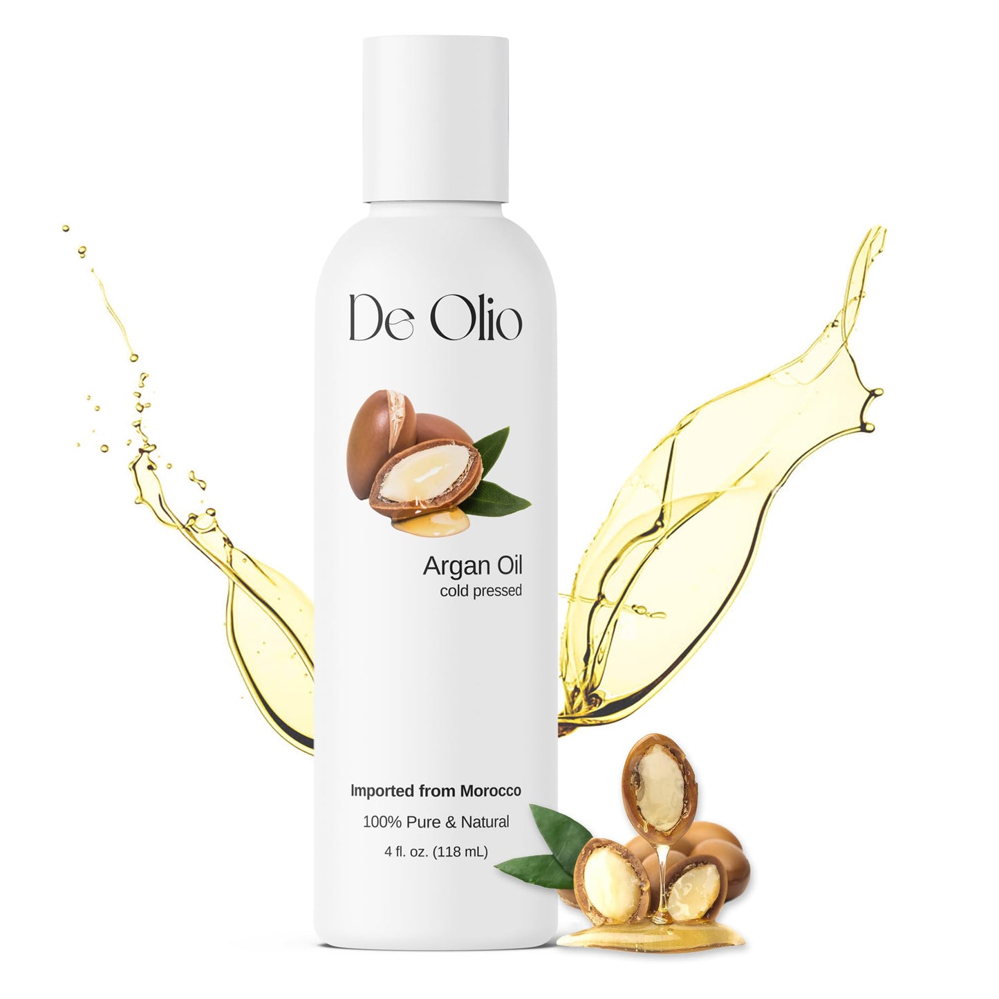 De Olio | Argan Oil of Morocco | 100% Pure & Natural Cold Pressed Argan Oil for Hair, Skin, Face | Refined Moroccan Hair Oil for Moisturizing & Straightening | 4fl. oz. (118 mL)