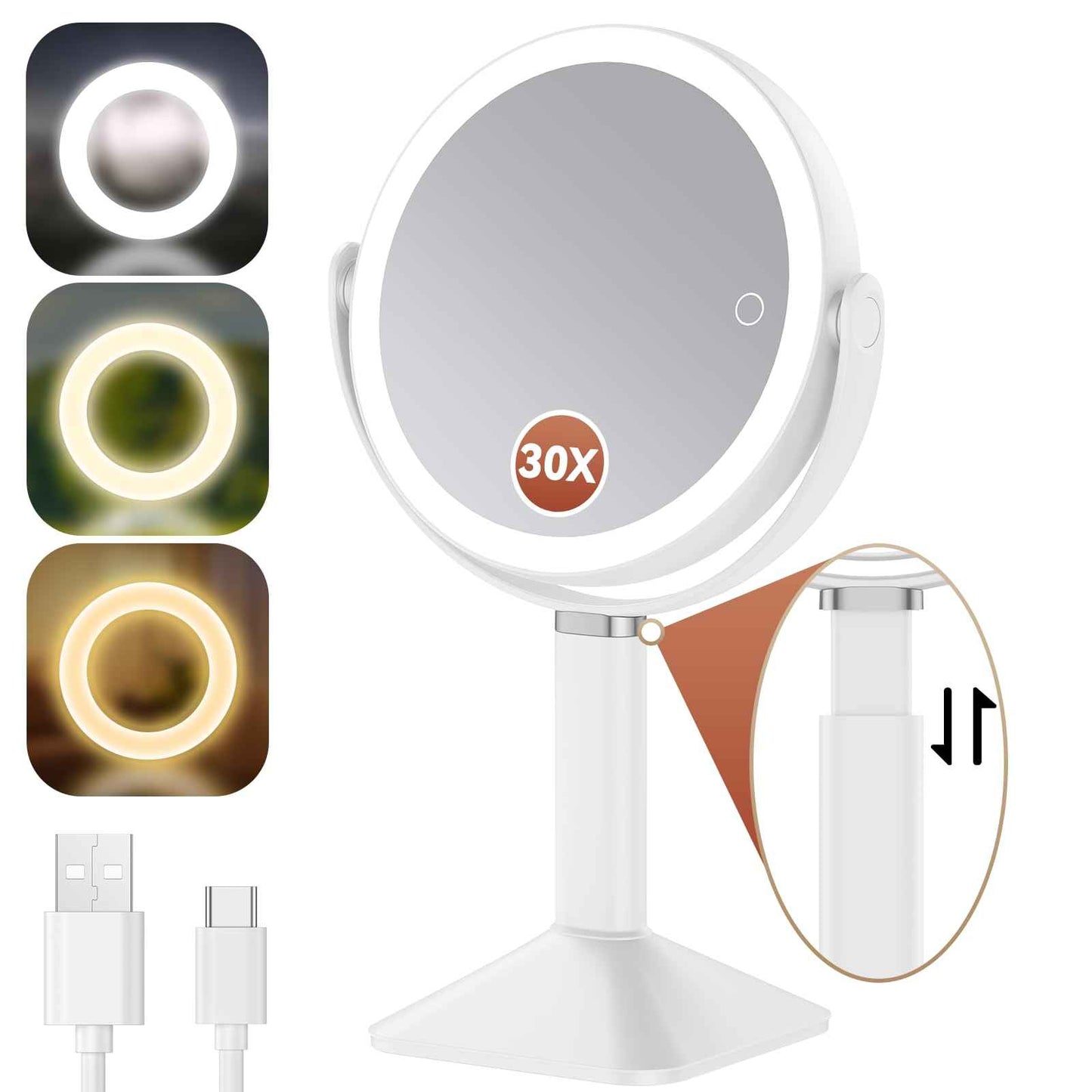 Glowtop Lighted Makeup Mirror with Lights and Magnification 30X/1X, Height Adjustable 30X Magnifying Vanity Mirror with 4000mAh Battery & 3 Colors Dimming Light for Desktop Bathroom Bedroom (White)