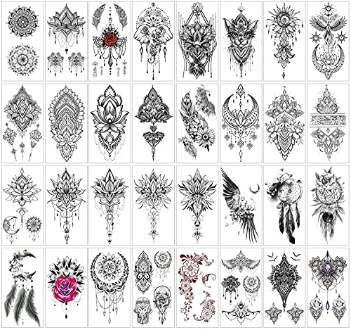 32 Sheets Temporary Tattoo Stickers for Women - Henna & Mandala