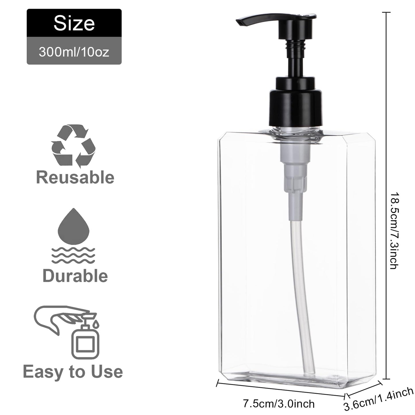Yebeauty Pump Bottle Dispenser, 10oz 300ml Empty Plastic Shampoo Pump Bottles Shower Soap Dispenser Refillable Liquid Containers for Conditioner Body Wash, Bathroom Kitchen, 2 Pack Clear