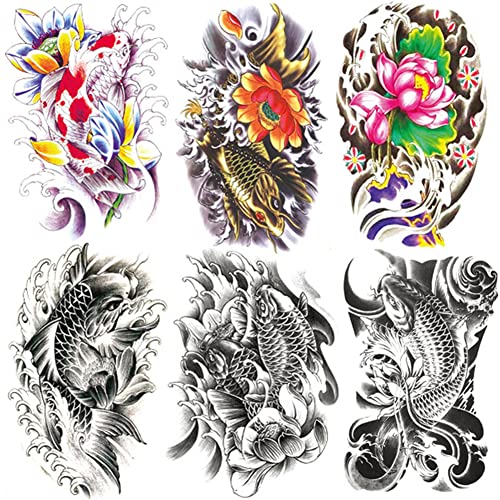 6 Sheets 21x15cm Old School Koi Carp Lucky Golden Fish Arm Leg Temporary Tattoo Stickers Perfect for Parties, Events and More