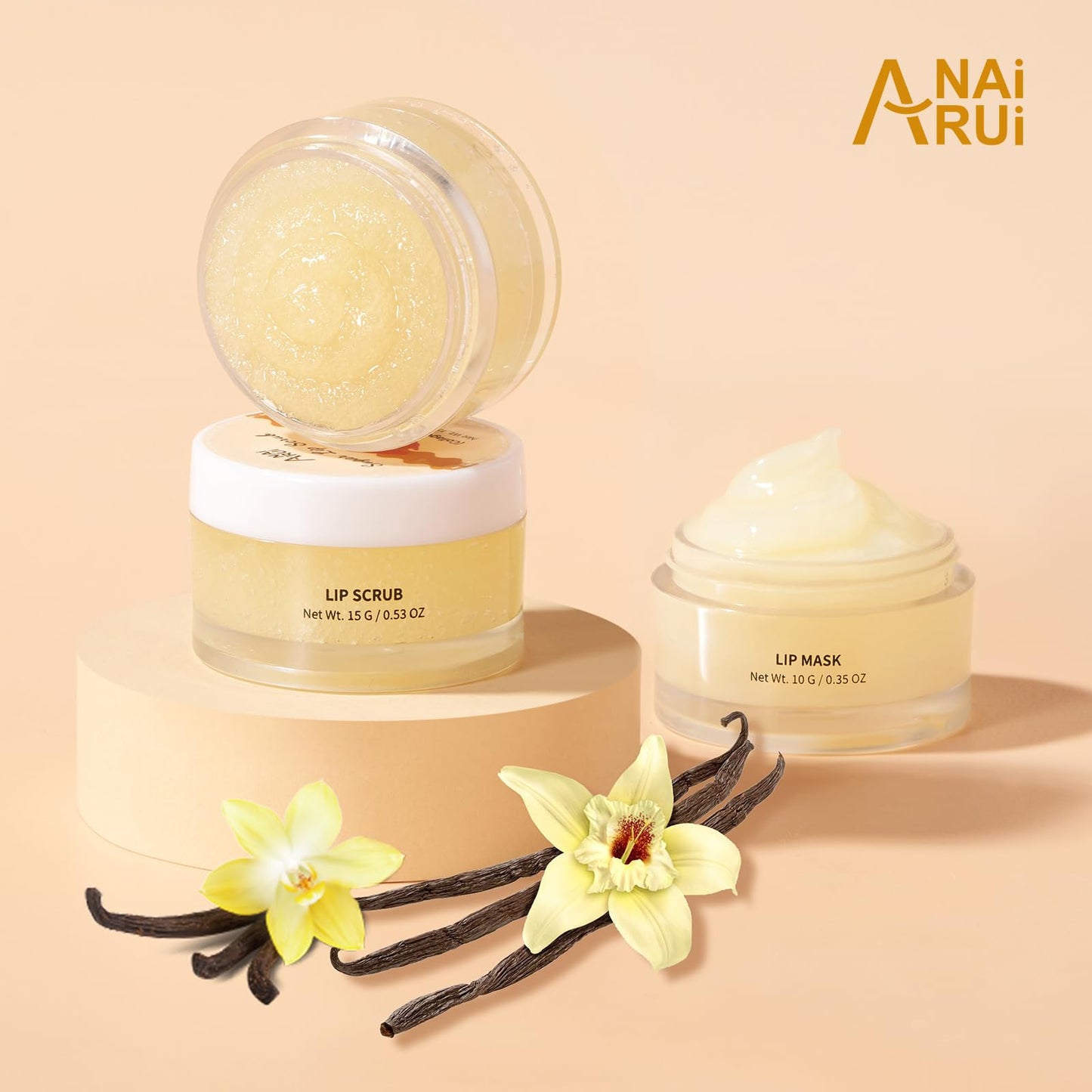 ANAI RUI Lip Mask and Scrub Set, Lip Sleeping Mask & Lip Exfoliator/Scrub for Exfoliating & Lip Overnight Treatment, Lip Care Gift Kits for Dry, Chapped & Dark Lips, Reduce Fine Lines, Vanilla