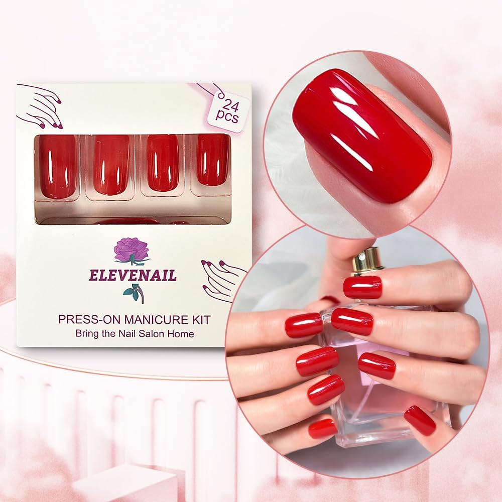 ELEVENAIL Glossy Red Press On Nails Medium Length Squoval Solid Color False Acrylic Nail Art Tips Salon Women Girls DIY Manicure Reusable Stick On Fake Nails for Daily Office Home Party