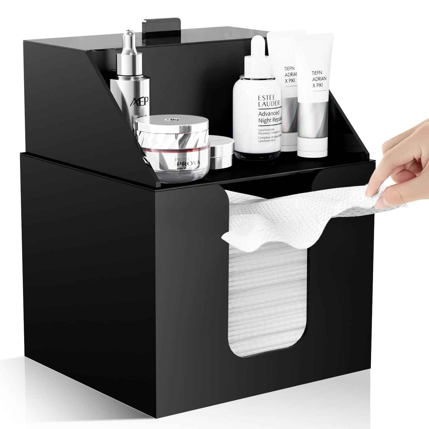 TAINESS Disposable Facial Towels Storage Box Compatible with Clean Skin Club Clean Towel XL - Cotton Pads - Swabs Upgraded Double Layer Acrylic Storage Container Face Towel Holder (Matte Black)