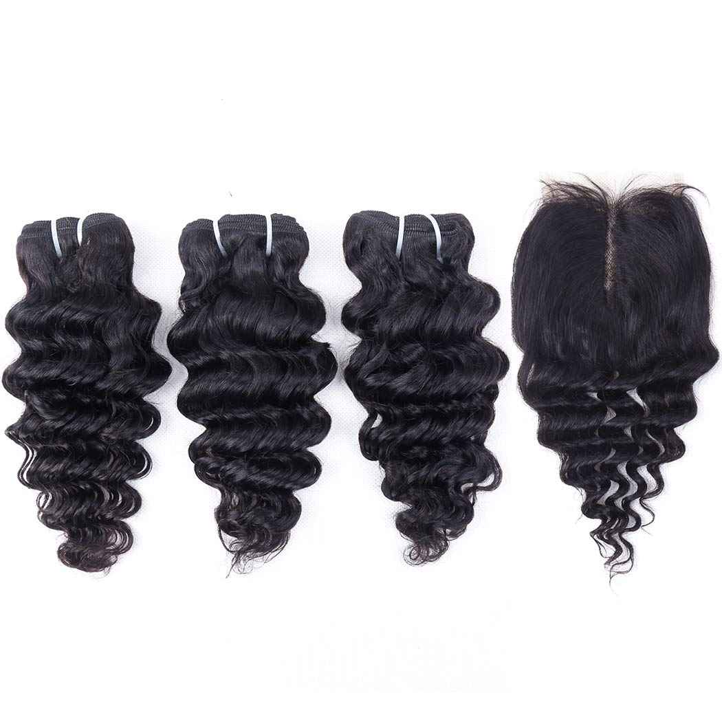 Deep Wave Bundles with Closure Brazilian Deep Curly Human Hair 3 Bundles with Closure(10 10 10+10) Middle Part 4x4 inch Lace Closure Wet and Wavy Natural Color 50g
