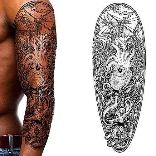 2 x Temporary tattoo full arm caribbean pirate kraken stick on body art transfer for women and men cosplay halloween adult temp tattoo for arms fancy dress