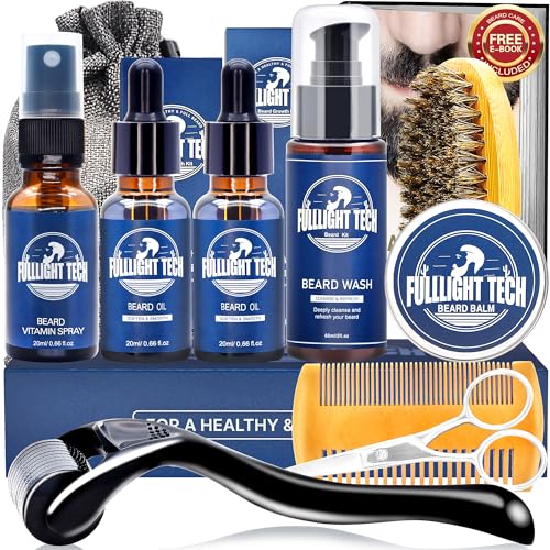 Beard Care Kit for Men-Nourish Soften Grooming Patchy Beard W/Vitamin Spray,Mustache Oil,Balm, Wash,Boar Bristle Brush,Wooden Comb,Scissors,Valentines Fathers Gifts for Men Dad Him Husband Boyfriend