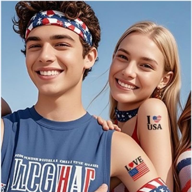 4th of July Tattoo Stickers - Patriotic Flag Design 12pc Set