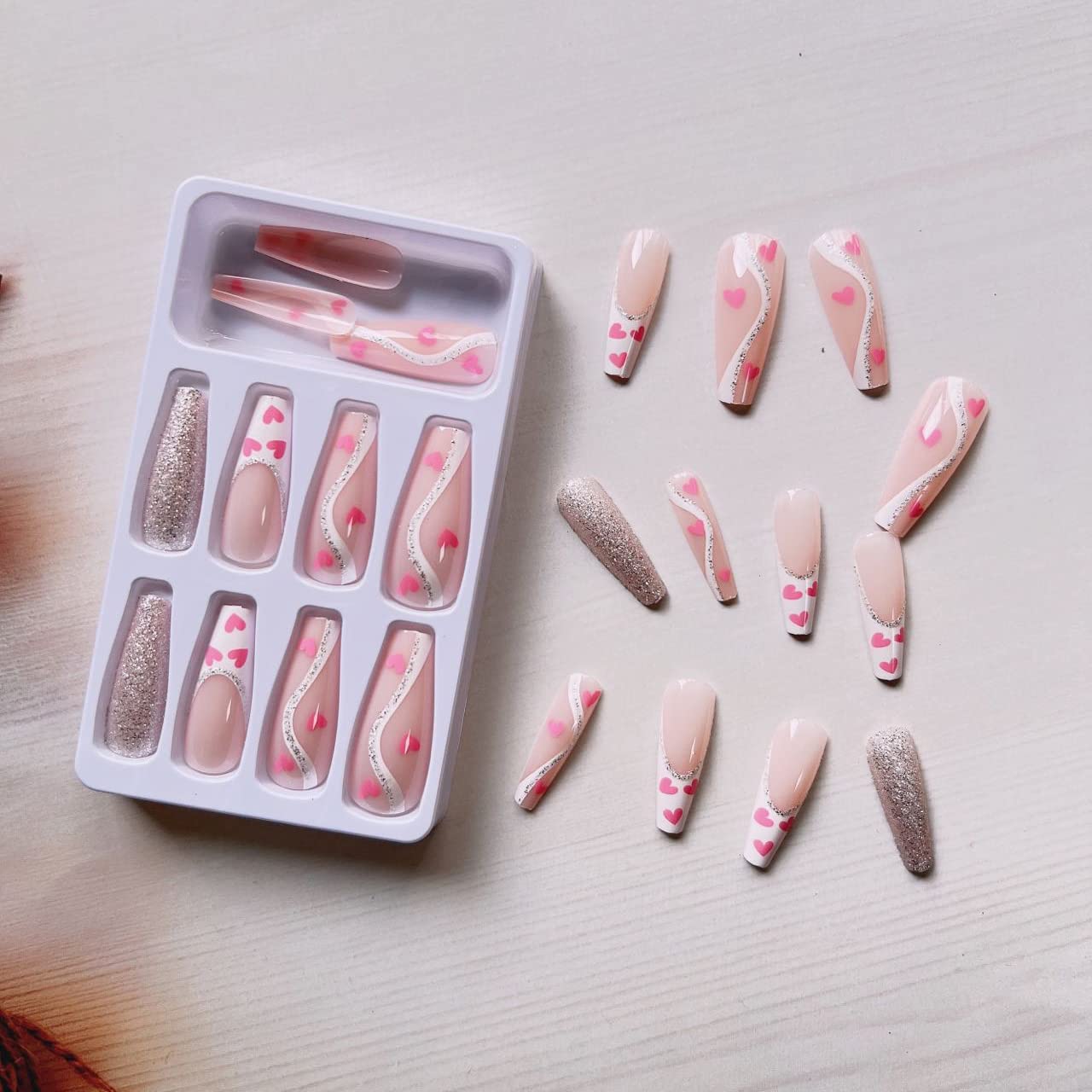 24 Pcs Valentines Press on Nails Long Heart Fake Nails Glossy Glue on Nails with Designs Full Cover Acrylic Press on False Nails for Women and Girls Nail Art Decorations