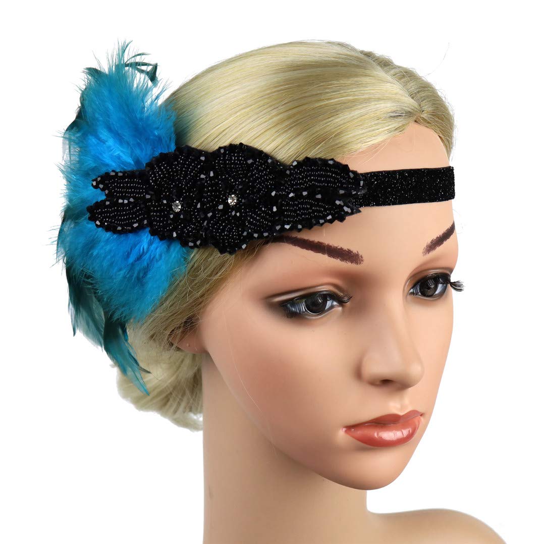 Lovfingu Women's 1920s Great Gatsby Headband Vintage Feather Flapper 20s Headpiece Vintage Sky Party Hair Accessories0Blue