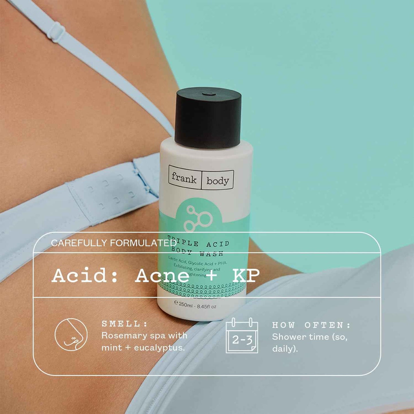 frank body Triple Acid Body Wash | Clears Body Acne & Smooths KP Bumps | Daily Exfoliating Cleanser with Lactic, Glycolic & PHA Acids | Vegan & Cruelty-Free | Rosemary Spa Scent | 250ml/8.45 fl oz
