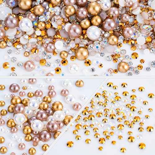 60g Champagne Gold Flatback Rhinestones Half Pearls for Crafting, Mixed Size 3mm-10mm Resin Rhinestones for Bedazzling, Small Pearls for DIY Tumblers Mugs Nail Art Shoes Clothes with Glue