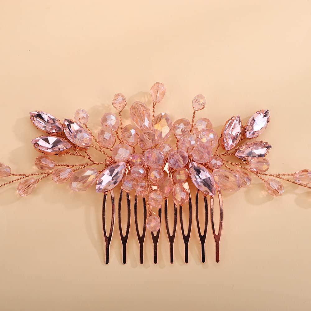 Teyglen Dainty Simple Full Rhinestones Hair Comb Pink Rose Gold Bride Wedding Hair Comb Luxurious Shiny Crystal Bridal Side Hair Pieces Hair Accessories for Women Girls (Pink)