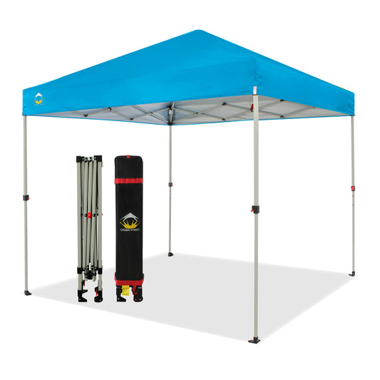 CROWN SHADES 8x8 Pop Up Canopy, Patented Center Lock One Push Instant Popup Outdoor Canopy Tent, Newly Designed Storage Bag, 8 Stakes, 4 Ropes, Silver-Coated Sky Blue