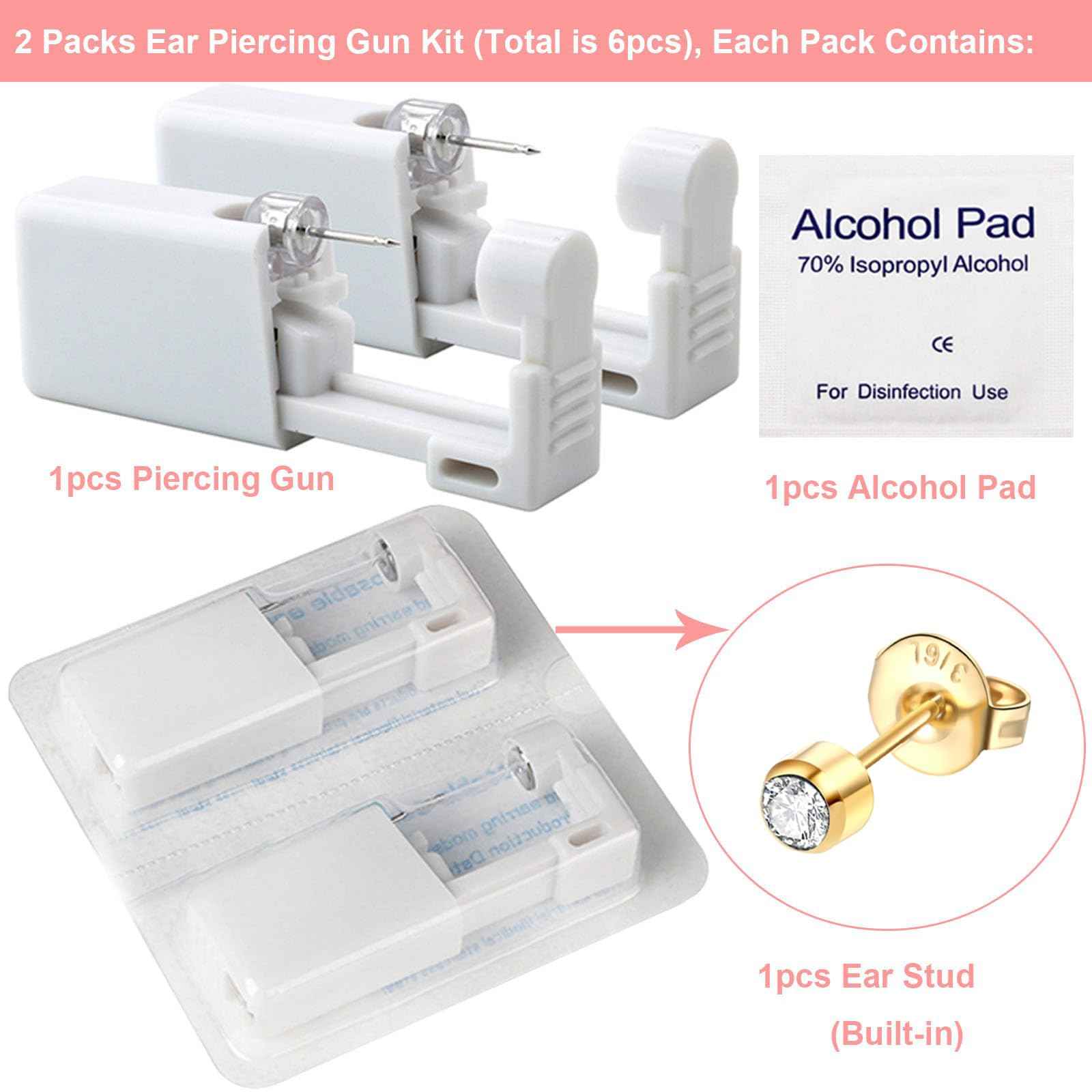Lyuxzad Ear Piercing Gun Kit - 6Pcs Disposable Kit With Self Piercing Gun, Built-in Earrings Stud, Clean Tools for Cartilage Piercing (Gold)