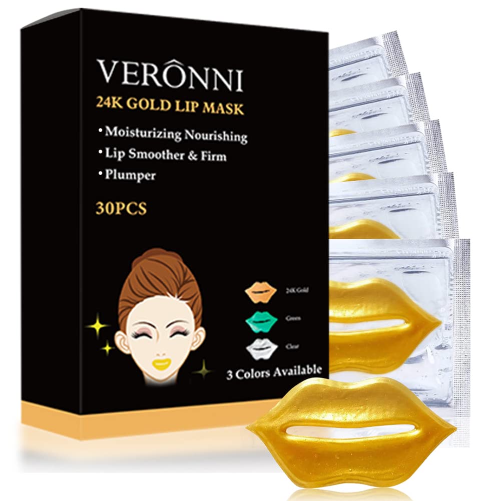 24K Golden Crystal Lip Masks 30 Pieces Hydrating Lip Plumper Mask Collagen Nourishing Lip Care Gel Pads Remove Dead Skin Anti Chapped & Anti-Aging Lip Patches