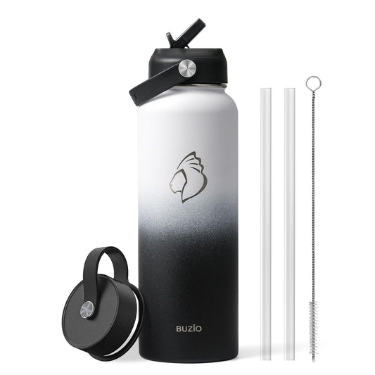 BUZIO Insulated Water Bottle with Straw Lid and Flex Cap, 40oz Modern Double Vacuum Stainless Steel Water Flask, Cold for 48 Hrs Hot for 24 Hrs Simple Thermo Canteen Mug, White and Black