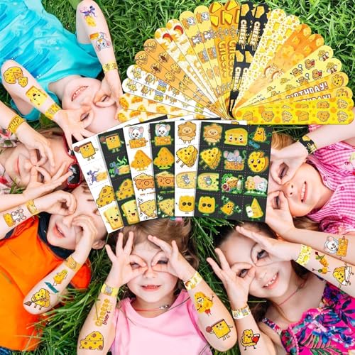 96 PCS Cheese Party Favors Set ? 72 Pre-Cut Temporary Tattoos & 24 Slap Bracelets for Kids, Perfect for Cheese-Themed Birthdays, Classroom Rewards & Party Decorations
