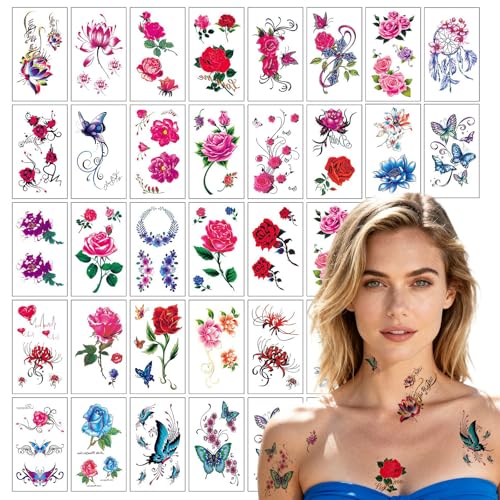 30-Sheet 3D Flower & Butterfly Temporary Tattoos